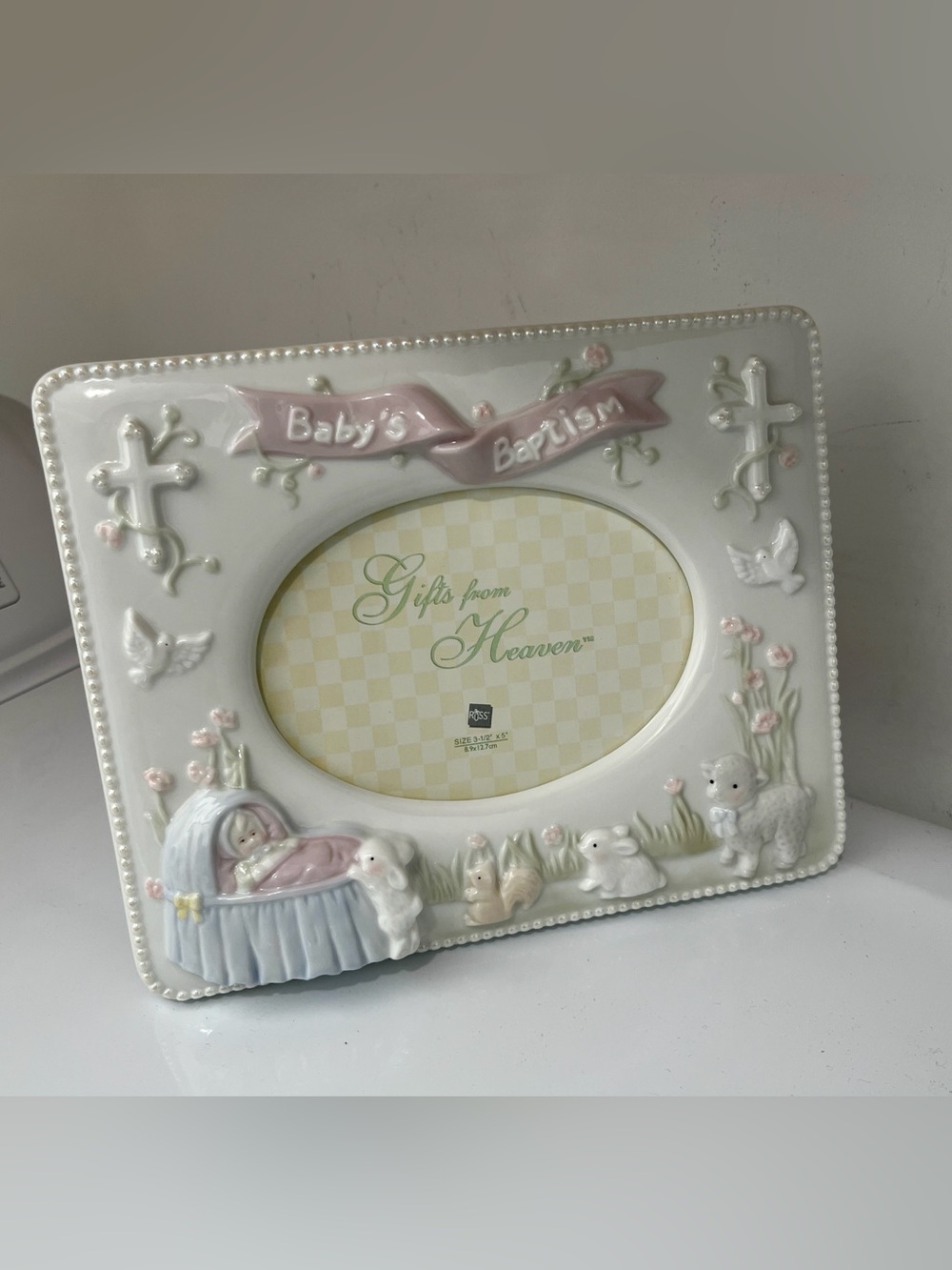 Vintage Baby Baptism Porcelain Picture Frame by Russ Iridescent Trim